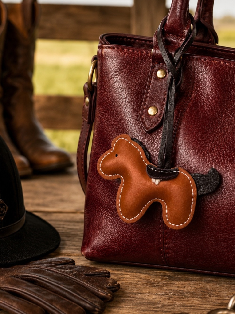 Brown Horse Faux Leather Bag Charm Keychain Purse Accessory